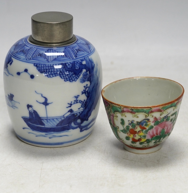 A pewter topped Chinese blue and white tea caddy together with a famille rose teabowl. Condition - good